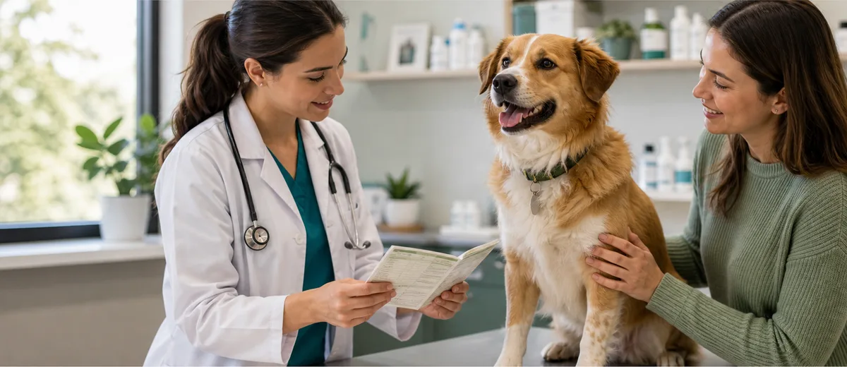 Cão adulto em consulta com veterinária revisando o histórico vacinal.