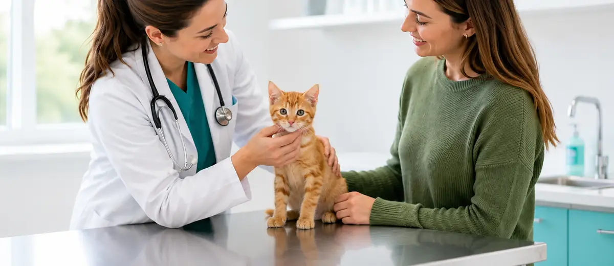 Filhote sendo avaliado por veterinária antes da vacinação.