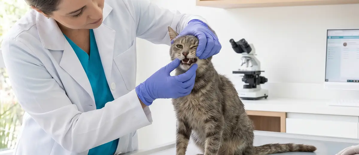 Gato sem idade conhecida sendo avaliado por veterinária com apoio do tutor.