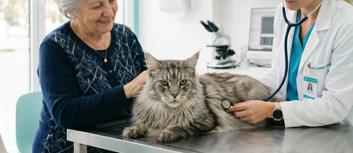 Gato idoso sendo examinado por veterinária durante avaliação clínica.