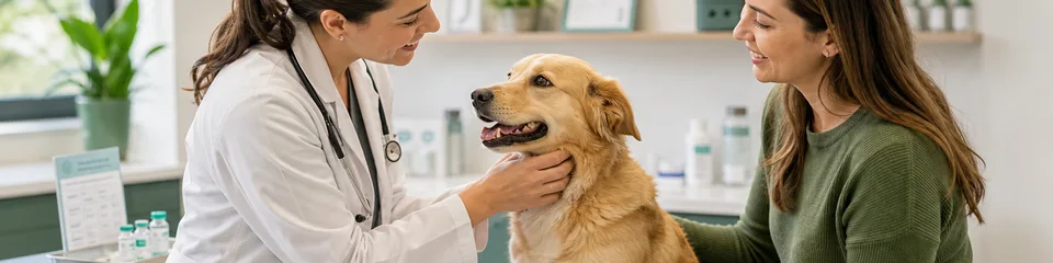 Veterinária avaliando um cão em consulta preventiva.
